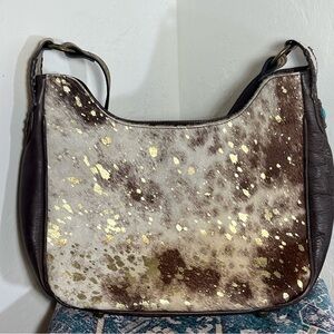 Narcona Brown & White Speckled Haircalf Fur and Leather Shoulder Bag Gold Flecks